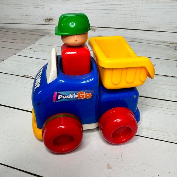 Tomy First Fun Push n Go Toy Dump Truck With Green Hat Driver & Red Wheels 90's - Picture 2 of 6